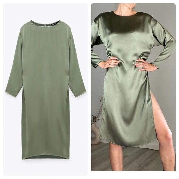 ZARA Long Khaki Satin Blouse Top Tunic Slits S - Picture 2 of 9
